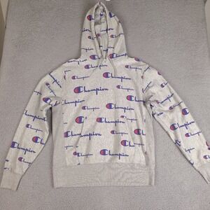 Champion Reverse Weave Hoodie Sweatshirt Mens Large All Over Print Spellout Gray